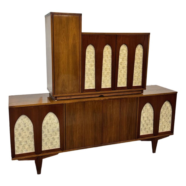 MCM Walnut & Mother of Pearl Sideboard With Bar Cabinet For Sale