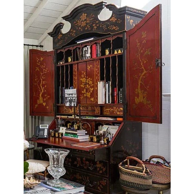 George I Style Black & Gold Chinoiserie Secretary Desk With Red Interior.