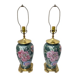 Vintage Chinoiserie Green Ceramic Floral Table Lamps With Brass Bases a Pair For Sale