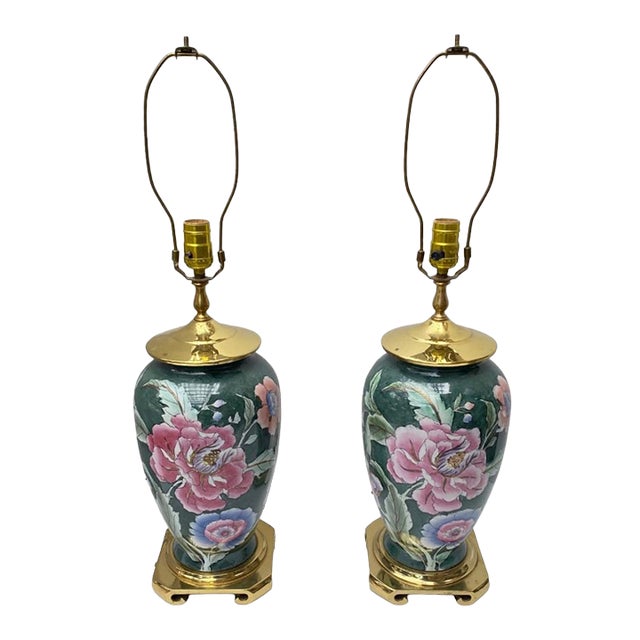 Vintage Chinoiserie Green Ceramic Floral Table Lamps With Brass Bases a Pair For Sale