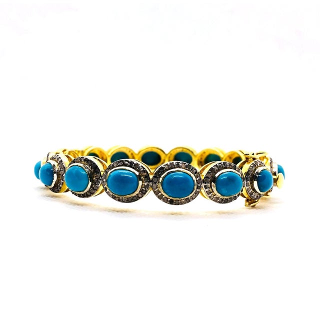 Late 20th Century Bochic “Capri” Vintage Natural Diamond & Turquoise Bracelet Set In 18K & Silver For Sale - Image 5 of 12