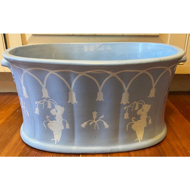 19th Century Antique 19th Century English Blue & White Oval Footbath Jardiniere Planter Centerpiece by T&r Boote Patent Mosaic For Sale - Image 5 of 12