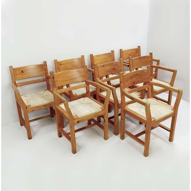 Set of eight pine dining danish chairs with Rope Seat 1980' Wear consistent with age and use. Measures : 46cmx48cm H:84cm...