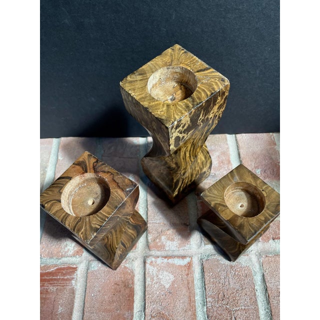 Twisted Faux Tortoise Painted Wood Candle Holders - Set of 3 For Sale - Image 12 of 13