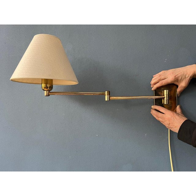 Golden Hollywood Regency Swing Arm Wall Lamp with Beige Shade For Sale - Image 6 of 11