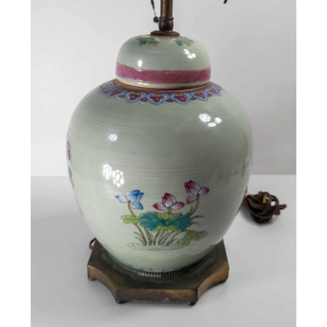 19th Century 19th Century Chinese Celadon Green Floral Ginger Jar Table Lamp in Famille Rose Palette For Sale - Image 5 of 12