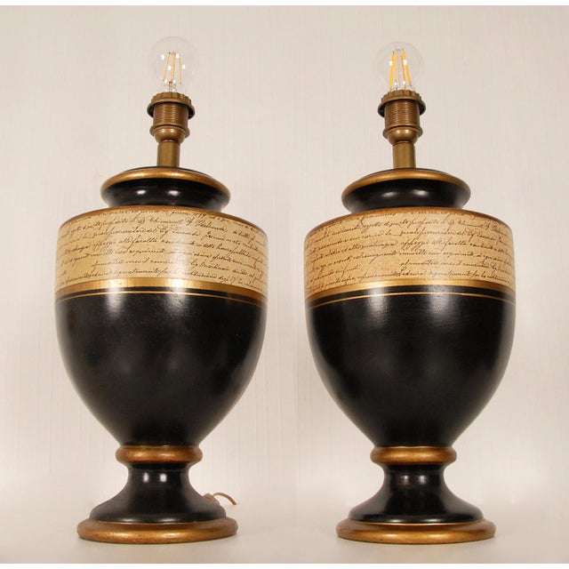 Mid-Century Modern Vintage French Table Lamp Black Gold Vase Lamps Ceramic a Pair For Sale - Image 3 of 11