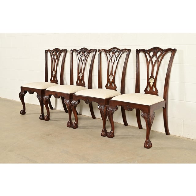 English Drexel Heritage Chippendale Carved Mahogany Dining Chairs, Set of Four For Sale - Image 3 of 13