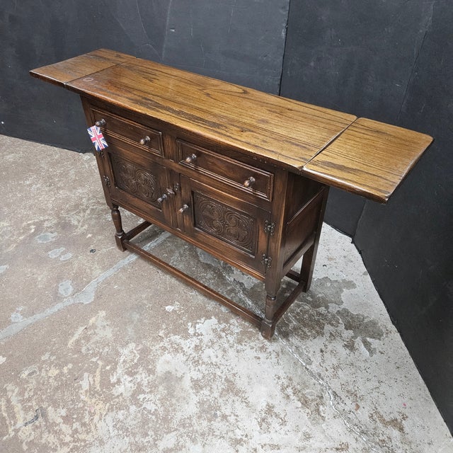 1940s 1940s English Oak Sideboard With Carved Cabinet Doors and Drop Ends For Sale - Image 5 of 11