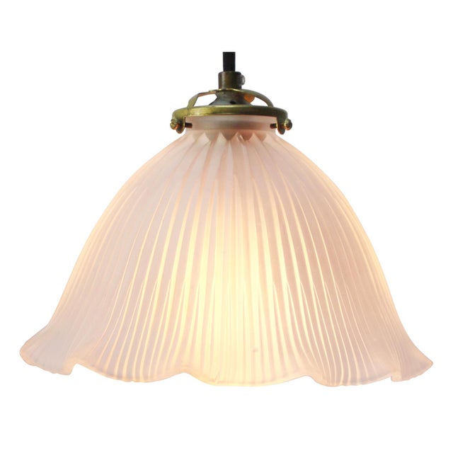 Industrial Vintage French Holophane Frosted Glass Pendant Light For Sale - Image 3 of 8