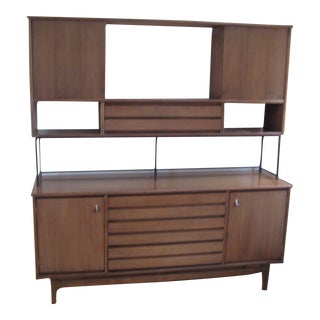 1960s Mid-Century Two Piece Credenza and Hutch Walnut Stanley - Set of 2 For Sale