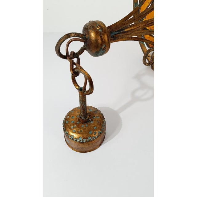 Gold Mid 20th Century Chandelier in Gilt Wrought Iron and Hammered Glass attributed to Longobard, 1970s For Sale - Image 8 of 18