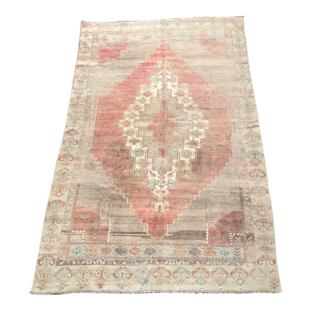 Vintage Faded Turkish Medallion Design Red and Gray Rug For Sale