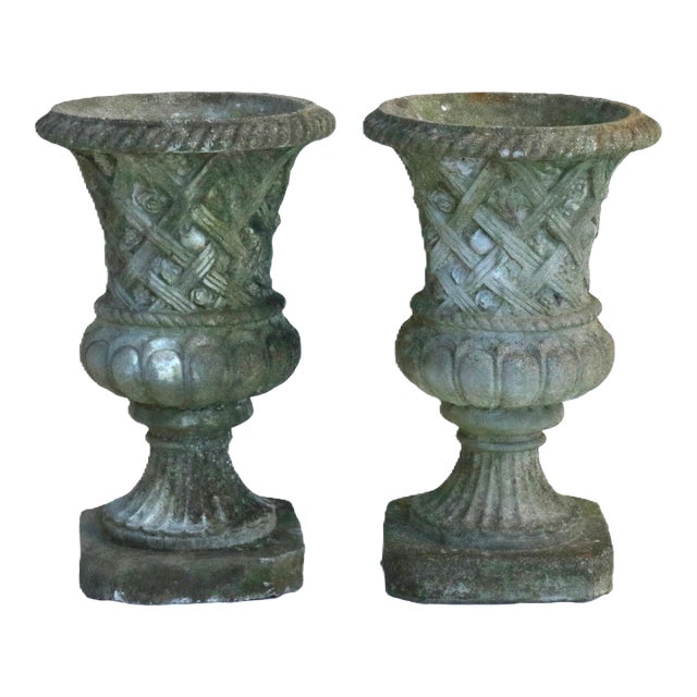 Vintage Large Concrete Garden Urns With Floral Rosetta Relief and Tudor Weave Design- A Pair For Sale