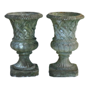 Vintage Large Concrete Garden Urns With Floral Rosetta Relief and Tudor Weave Design- A Pair