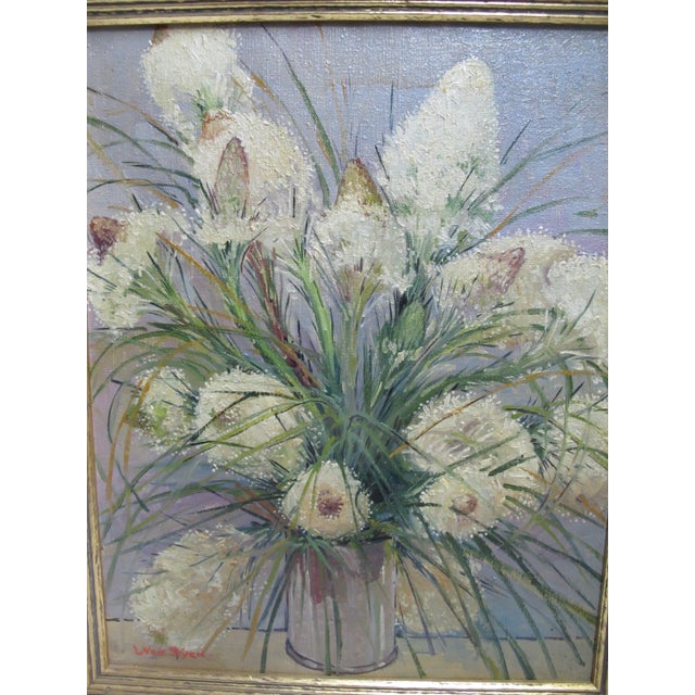 Lucile W. Van Slyck (Ohio, 1898-1982) oil painting on canvas of floral arrangement in vase. Signed at lower left. Gilt...