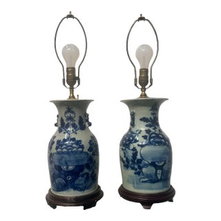 Pair of Late 19th Century Chinese Celadon Ground Blue and White Vase Lamp For Sale