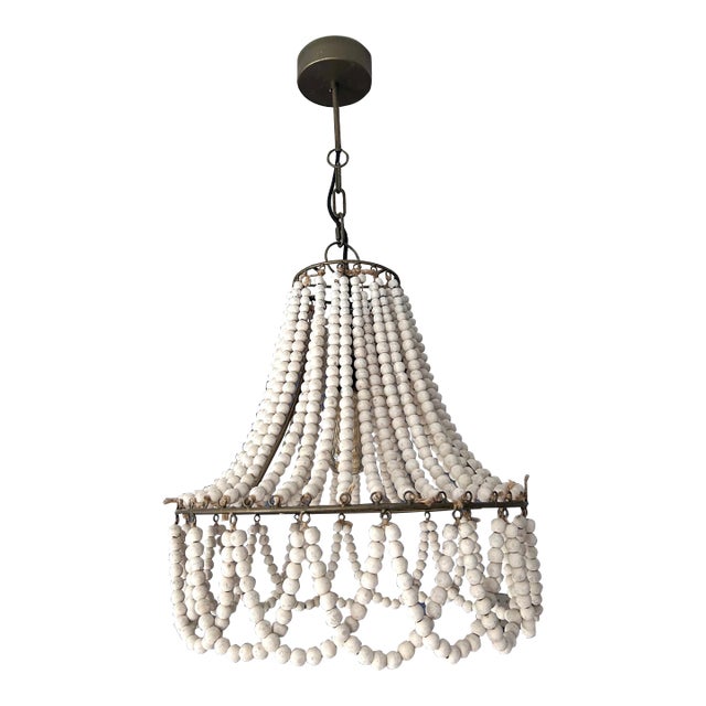 White Washed Wooden Beaded Chandelier For Sale