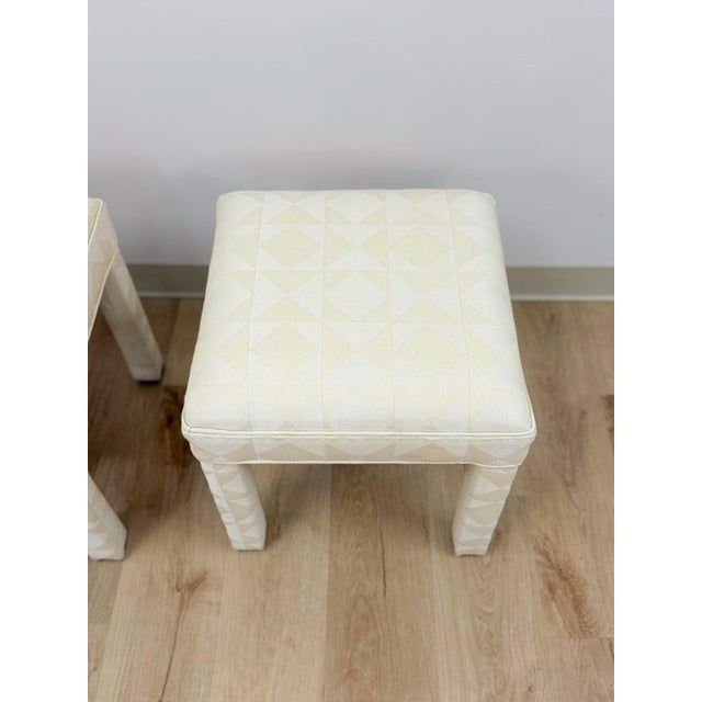 Wood Milo Baughman Style White Parsons Upholstered Stool Pair Vintage MCM Cube For Sale - Image 7 of 11