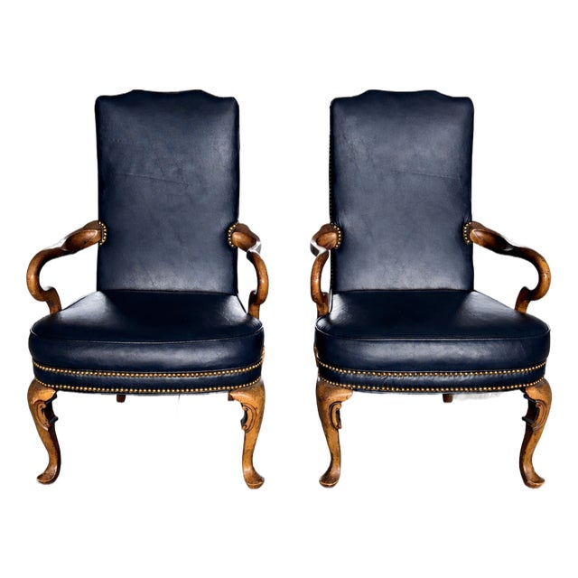 Pair of Vintage Sam Moore Traditional Armchairs in Leather-Like Vinyl With Nailhead Trim For Sale