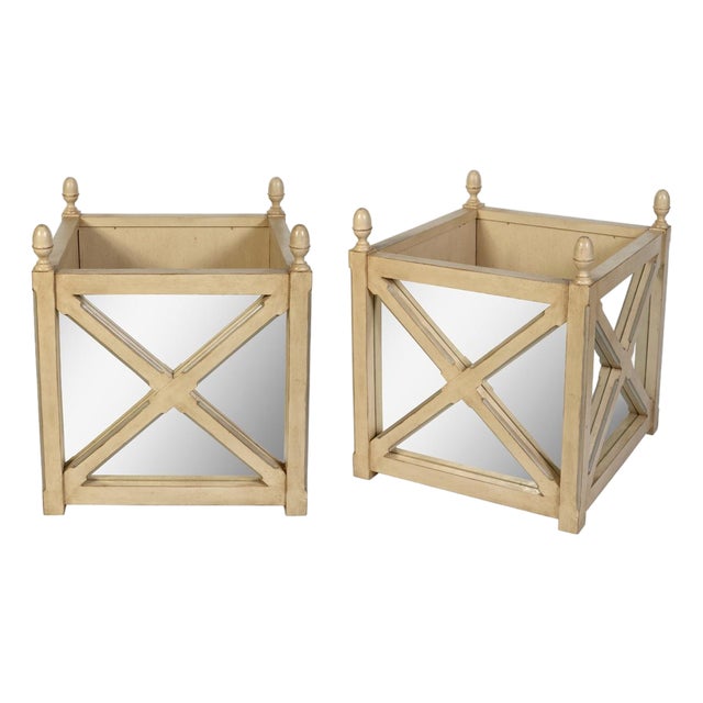 Neoclassical Pair of Painted Wood and Mirrored Planters With X Frame For Sale