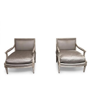 Pair of Louis XVI Style Hand-Painted Armchairs in Silk Upholstery For Sale