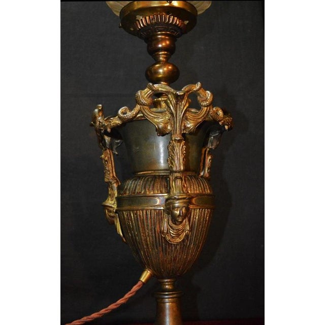 Gothic Revival Bronze Three-Handled Urn Table Lamp with Vianne Flame Shade For Sale - Image 10 of 18