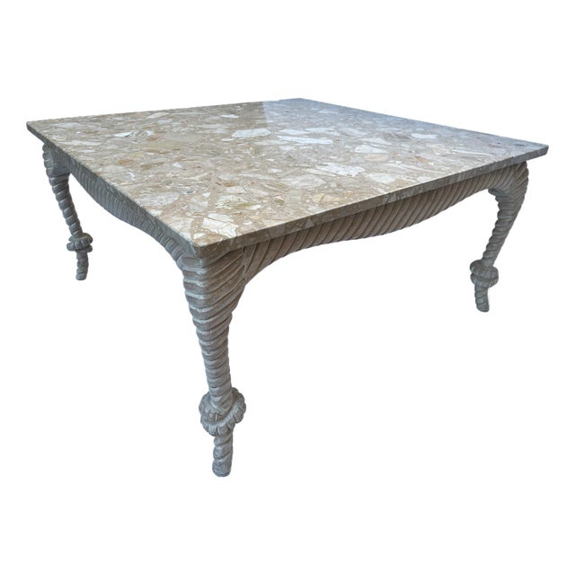 Carved Wood Rope Knot Marble Top Table For Sale