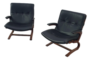 Scandinavian Black Leather Lounge Chairs, Set of 2