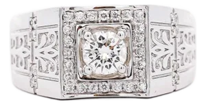 1.08 Carat Round Diamond in 14k White Gold Filigree Men's Ring, Size 9