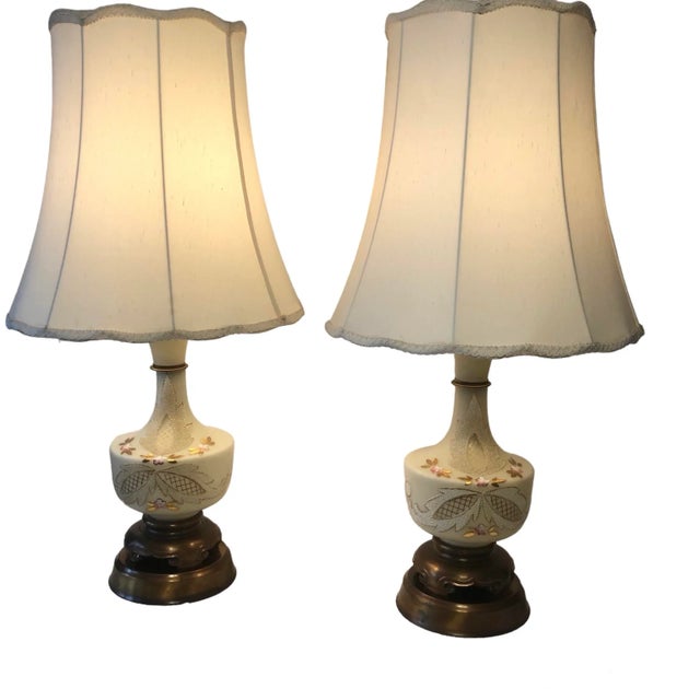 Gorgeous set of hand blown and hand painted Bavarian Bristol table lamps made in Western Germany c1950's. Wonderful hand...