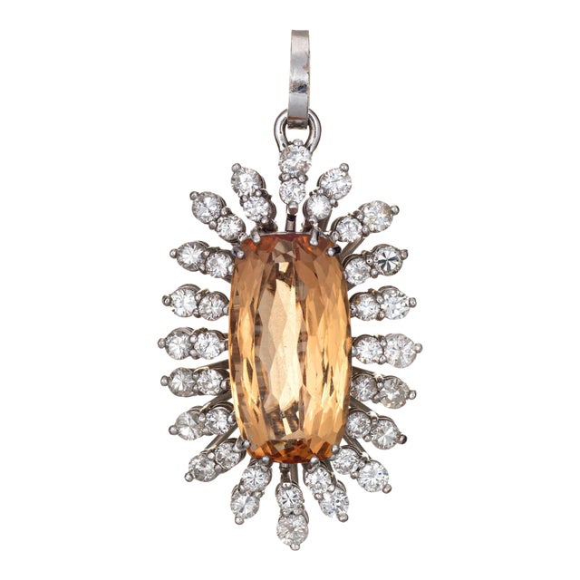 Mid 20th Century Natural Imperial Topaz Diamond Pendant 14 Karat Gold Vintage Large Oval For Sale