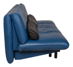 Blue Leather Quint Two-Seater Sofa Bed with Manual Function from Brühl