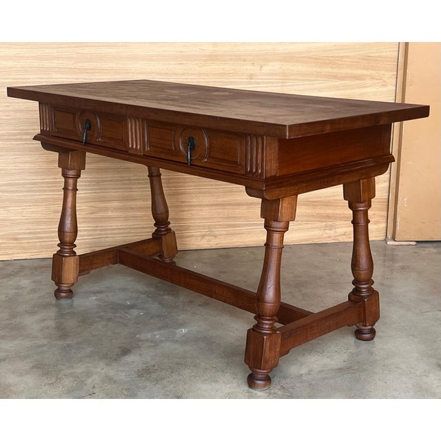 Pair of Early 20th Spanish Light Walnut Country Farm Desk with Two Drawers For Sale In Miami - Image 6 of 18