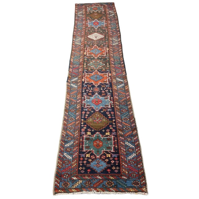 Antique Northwest Runner in Smokey Blackish-Blue Ground with Teals, Blues, Greens 3 x 13.10 For Sale - Image 12 of 13