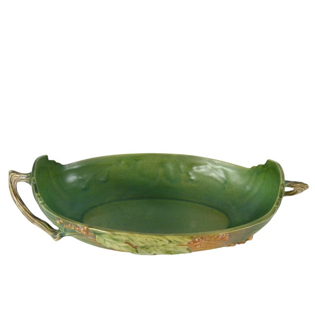 1940s Vintage 1940s Roseville Pottery "Bushberry" Green Console Bowl Shape 417-14" For Sale - Image 5 of 12