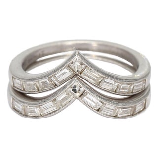 Stacking Platinum Band Set of Two v Shaped Rings With Diamonds - Size 6.75 For Sale