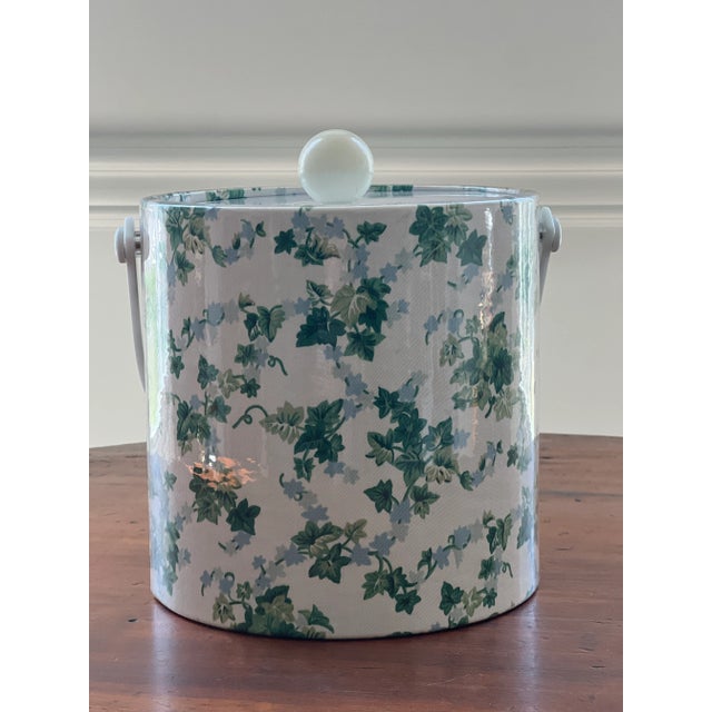 Antique White 1990s Kraftware Green and Blue Ivy Patterned Fabric Covered Ice Bucket For Sale - Image 8 of 9