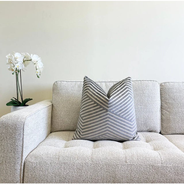 Textile Gray Alternative Stripe Velvet Throw Pillow With Feather Down Insert For Sale - Image 7 of 7