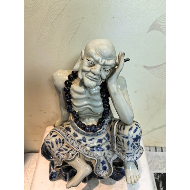 Chinese Vintage Ceramic Buddhist Sculpture,Hand Carved Blue and White Porcelain the Eighteen Arhats Statue For Sale - Image 9 of 9