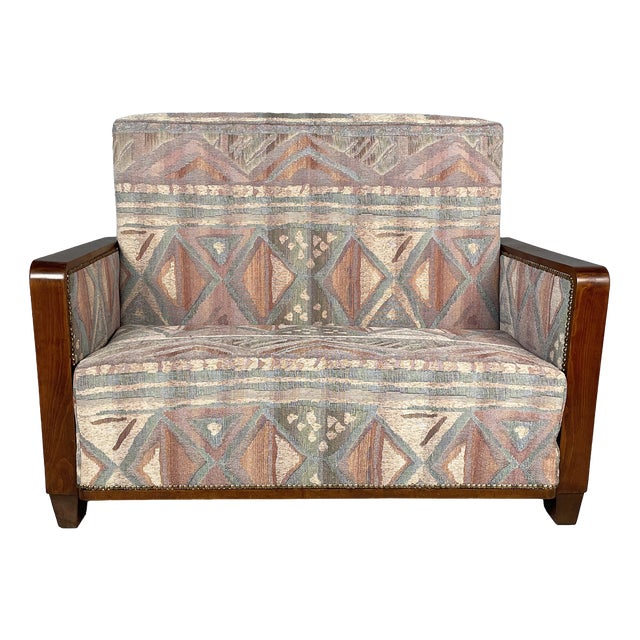 Art Deco Italian Sofa in Fabric with Geometric Pattern and Wood, 1930s For Sale