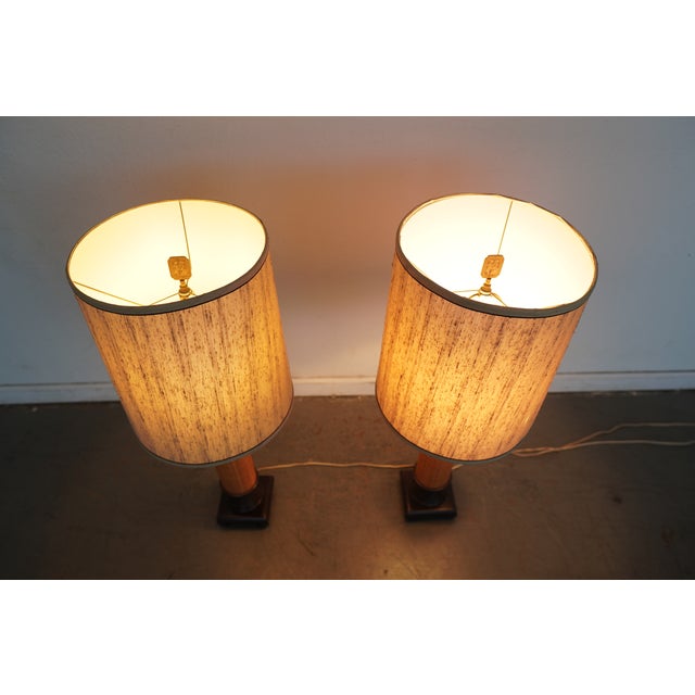 Wood Vintage Rattan Column Table Lamps - Set of 2 For Sale - Image 7 of 10