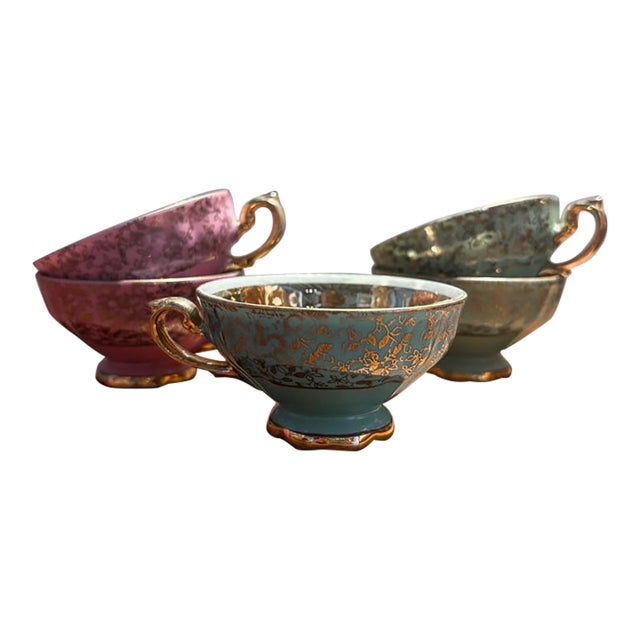 Vintage Rudolf Wächter German Porcelain Gilt Cups in Jewel Tones — Set of 5 For Sale