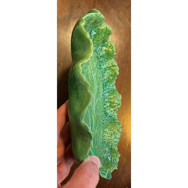 Traditional Antique Portuguese Majolica Pottery Green Cabbage or Lettuce Leaf Serving Dish For Sale - Image 3 of 11
