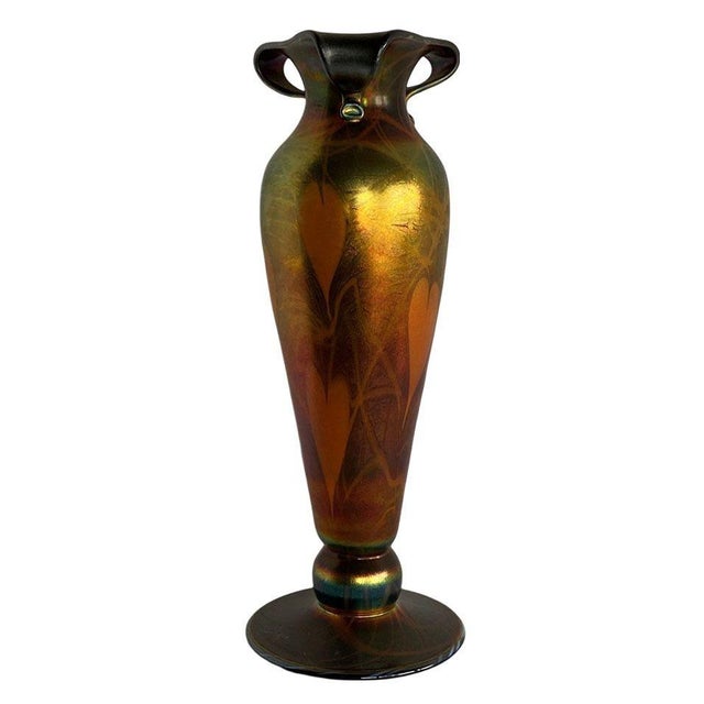 Art Nouveau Early 20th Iridescent Handblown Heart & Vine Vase Set by Imperial For Sale - Image 3 of 12