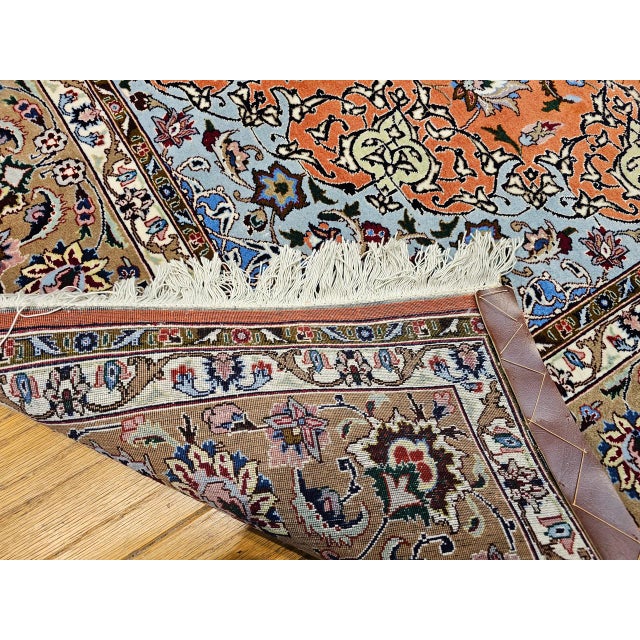 Persian Tabriz Rug, Hand-Knotted Wool & Silk, Fine Floral Pattern, Terracotta & Blue, 7x10 For Sale - Image 12 of 14
