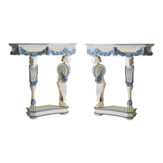 A Pair of Vintage Blue and White Rococo Style Side Tables/Console Tables For Sale
