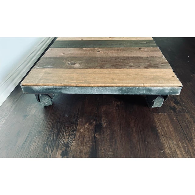 Industrial VTG Industrial Factory Cart Coffee Table, Wood Top and Metal Casters For Sale - Image 3 of 10