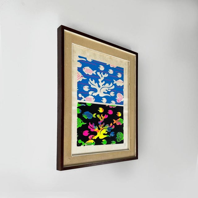 Italian modern Colorful marine screen printing by Bruno Contenotte, 1982 Screen printing on paper. The painting is divided...