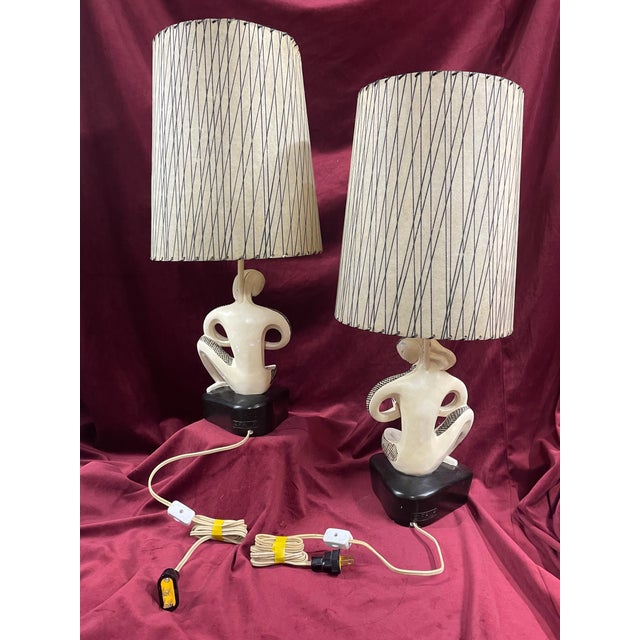 Mid-Century Modern 1950s FAIP Lamps Moderne Stylized in the Style of Frederic Weinberg With Original Shades - a Pair For Sale - Image 3 of 12